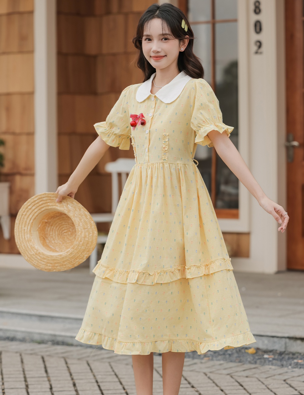 Summer yellow short sleeve beautiful pinched waist dress