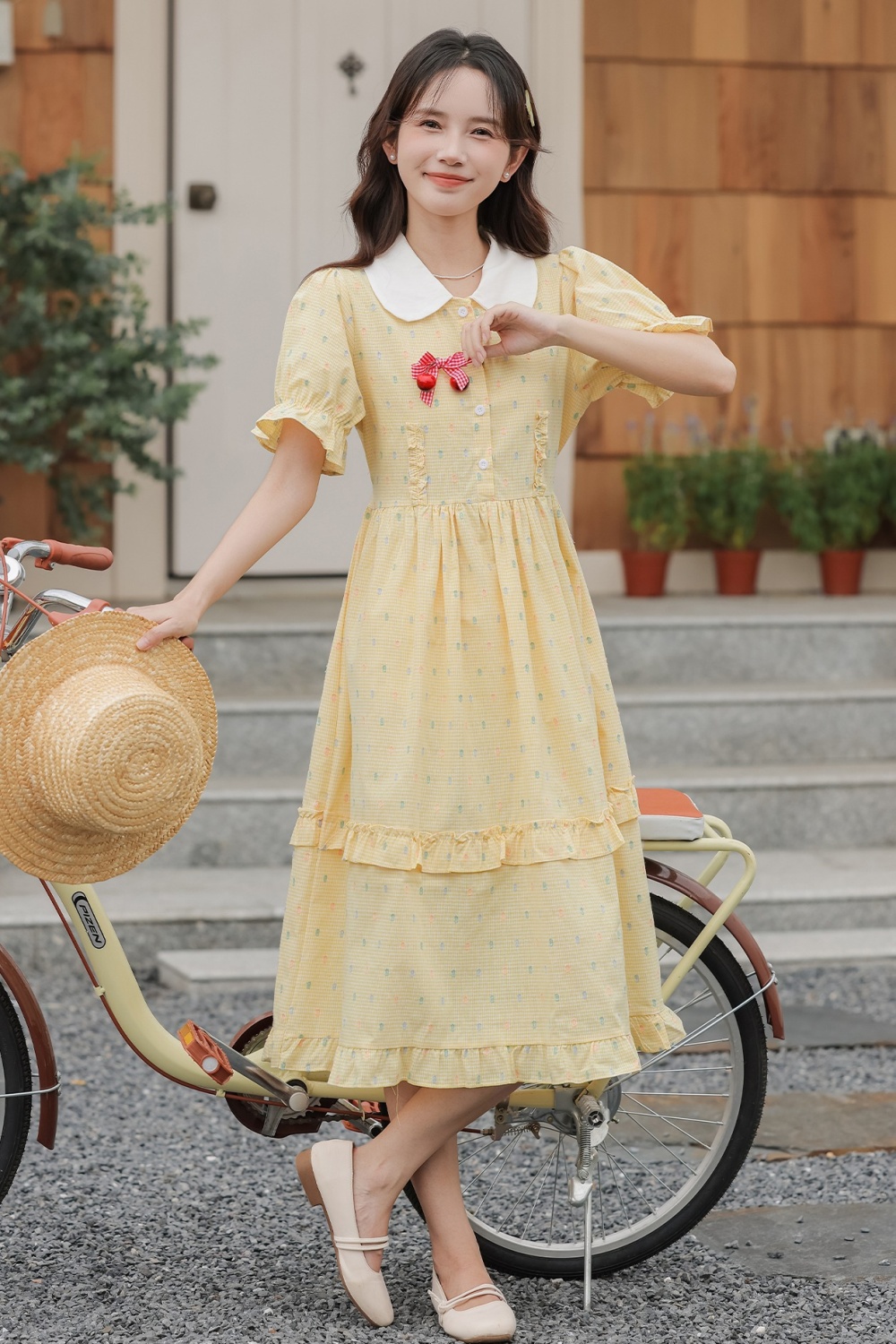 Summer yellow short sleeve beautiful pinched waist dress
