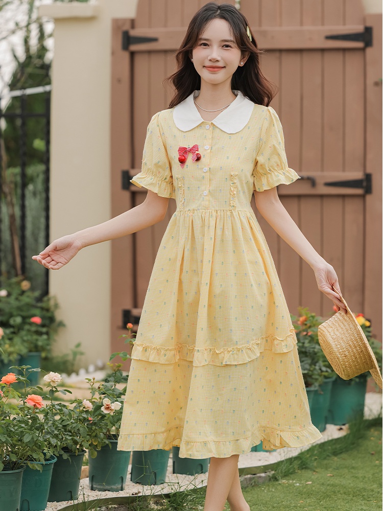 Summer yellow short sleeve beautiful pinched waist dress