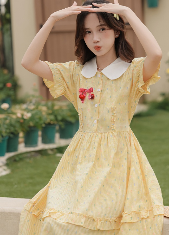 Summer yellow short sleeve beautiful pinched waist dress