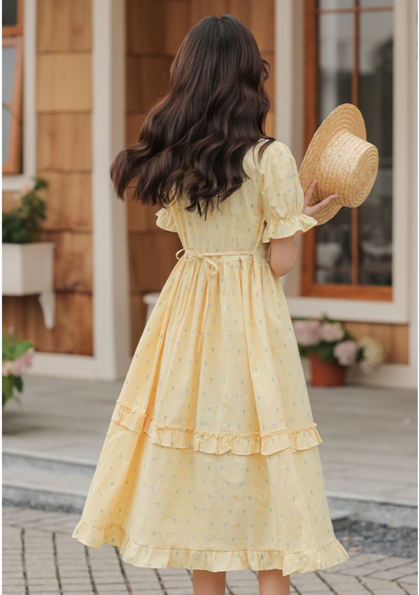 Summer yellow short sleeve beautiful pinched waist dress
