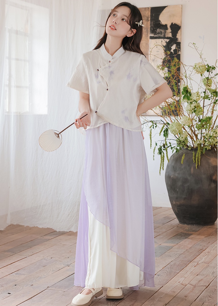 Purple playful wide leg pants Chinese style tops a set