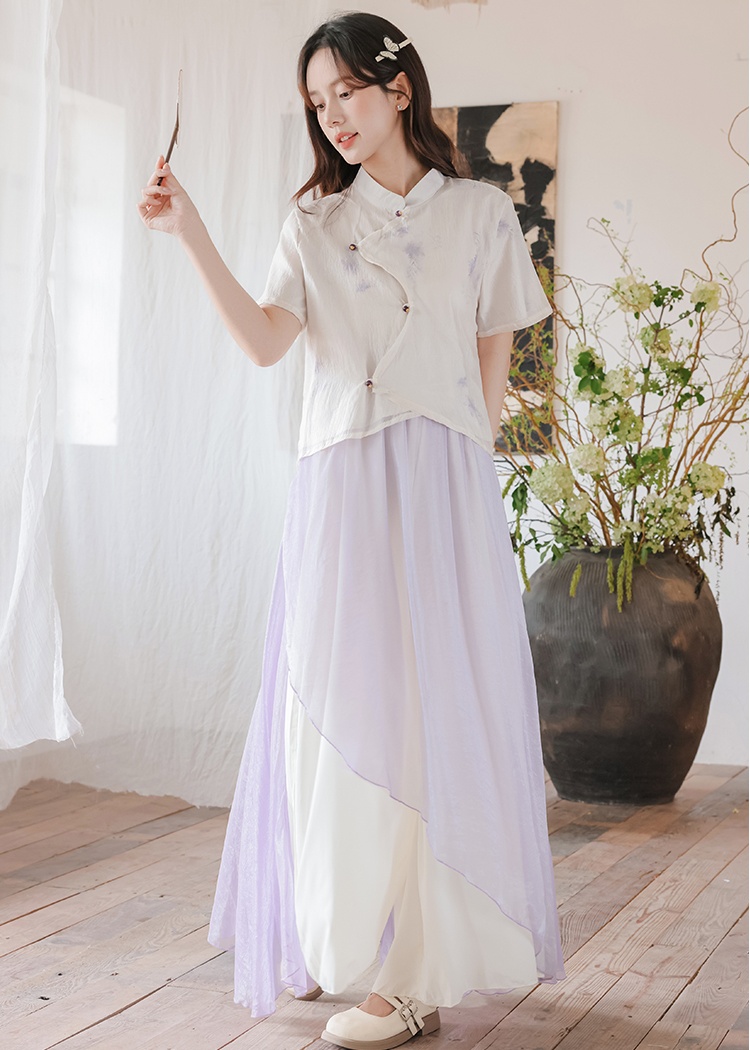 Purple playful wide leg pants Chinese style tops a set