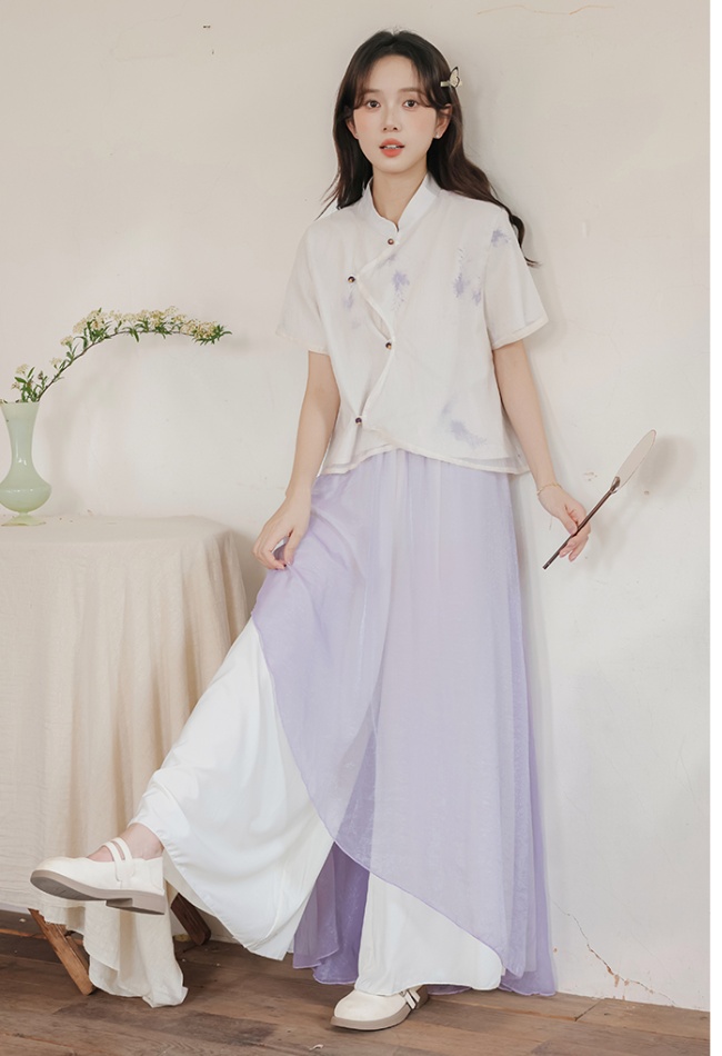 Purple playful wide leg pants Chinese style tops a set