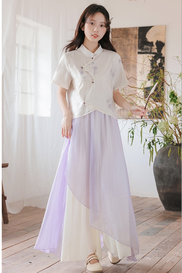 Purple playful wide leg pants Chinese style tops a set