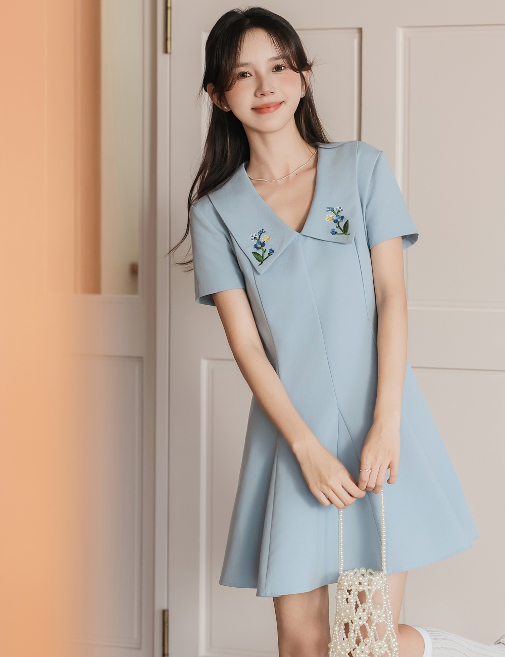 Slim summer flowers dress A-line embroidery T-back