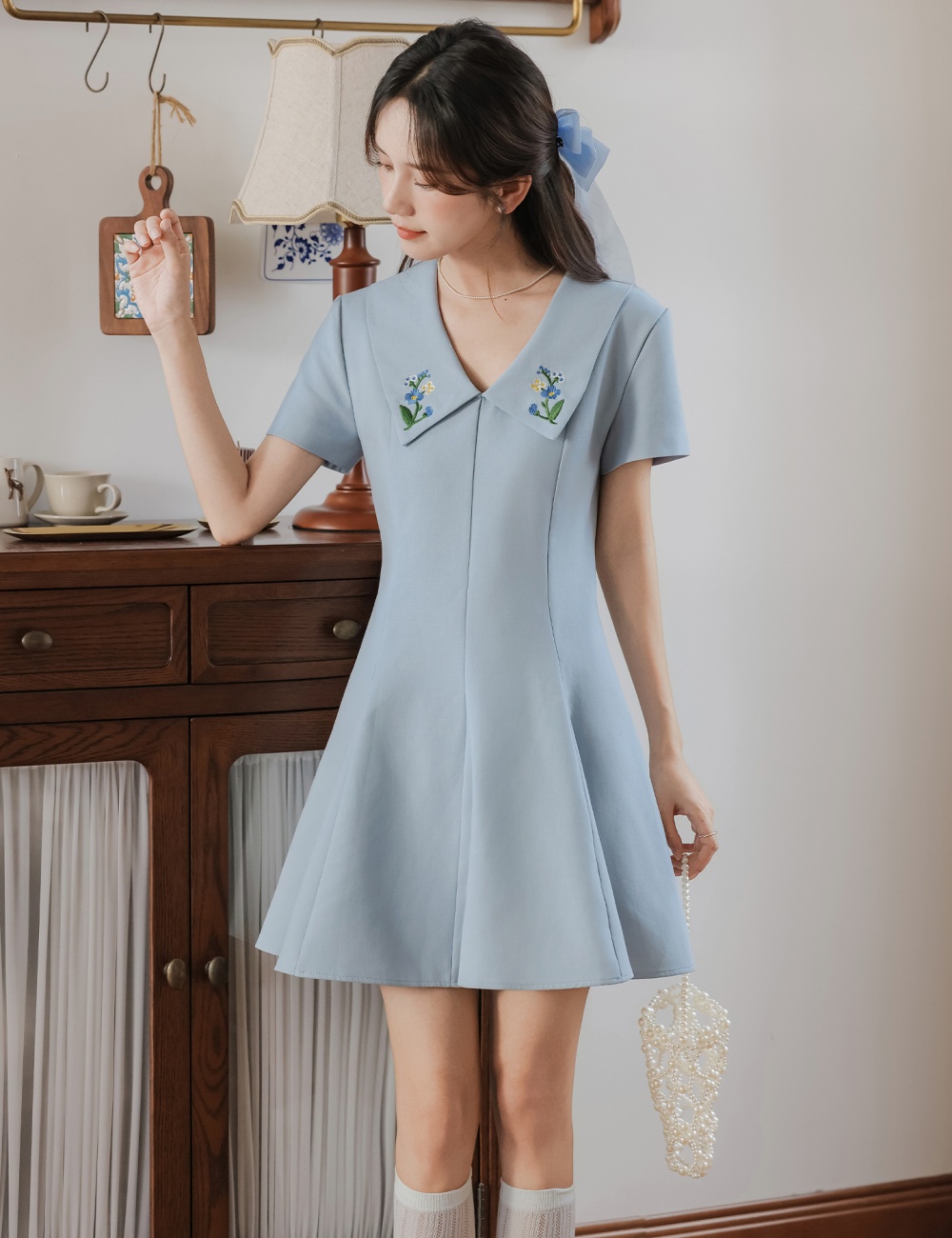 Slim summer flowers dress A-line embroidery T-back