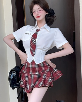 Short sleeve shirt plaid uniform 2pcs set for women