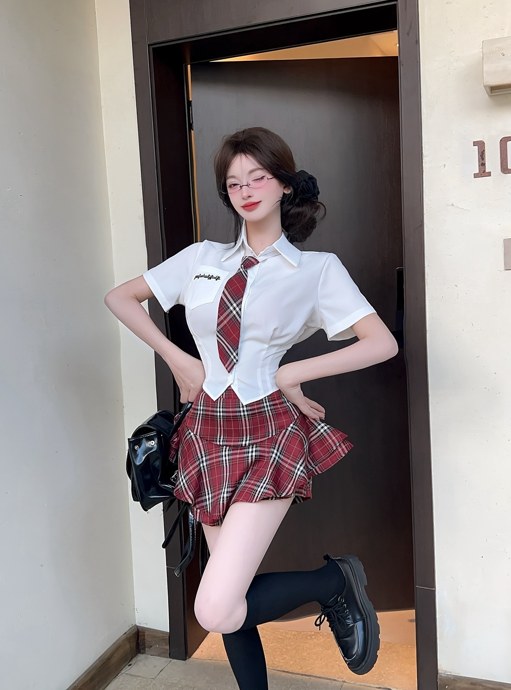 Short sleeve shirt plaid uniform 2pcs set for women