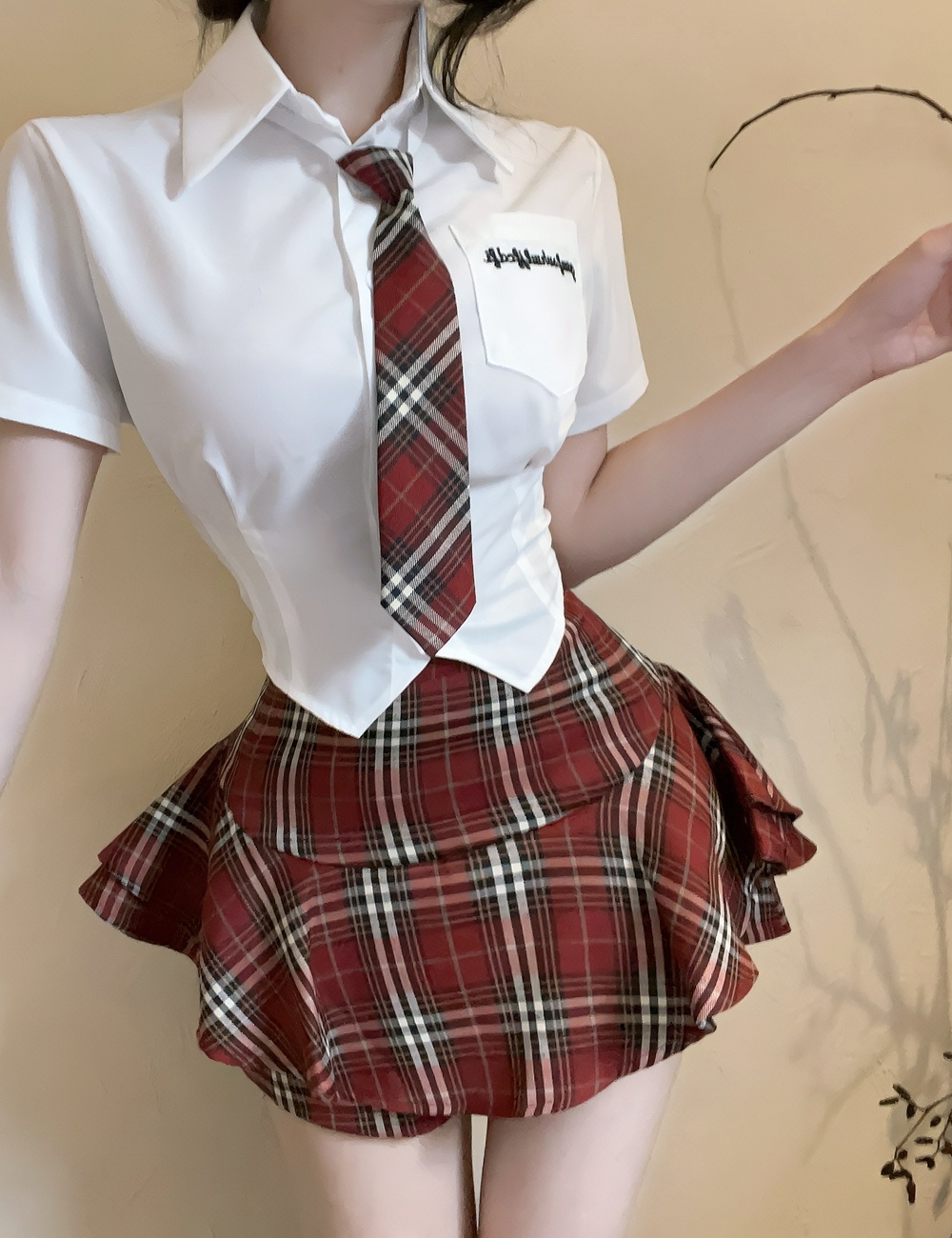 Short sleeve shirt plaid uniform 2pcs set for women