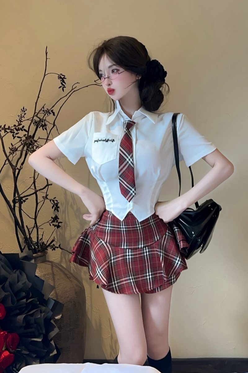 Short sleeve shirt plaid uniform 2pcs set for women