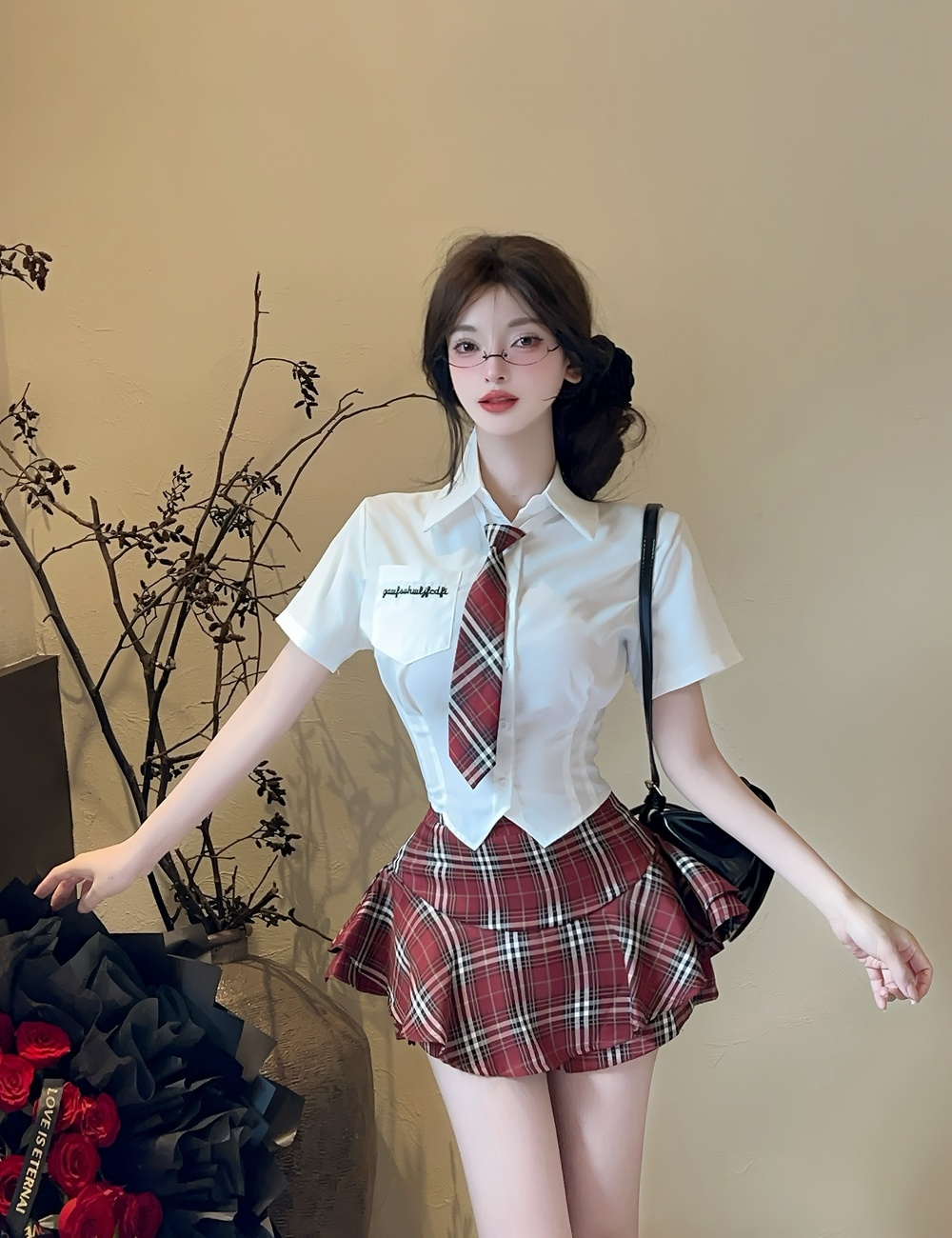 Short sleeve shirt plaid uniform 2pcs set for women