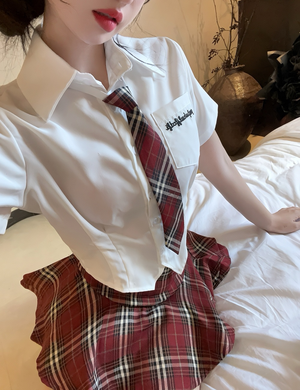 Short sleeve shirt plaid uniform 2pcs set for women
