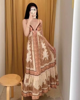 Vacation printing long dress retro V-neck jumpsuit