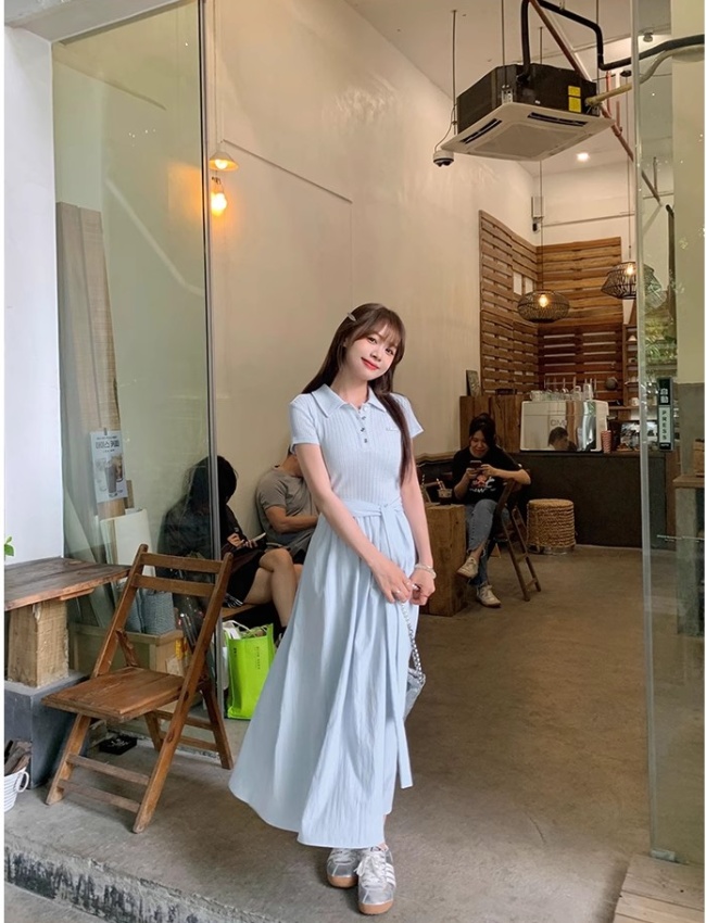 Summer short sleeve blue generous dress for women