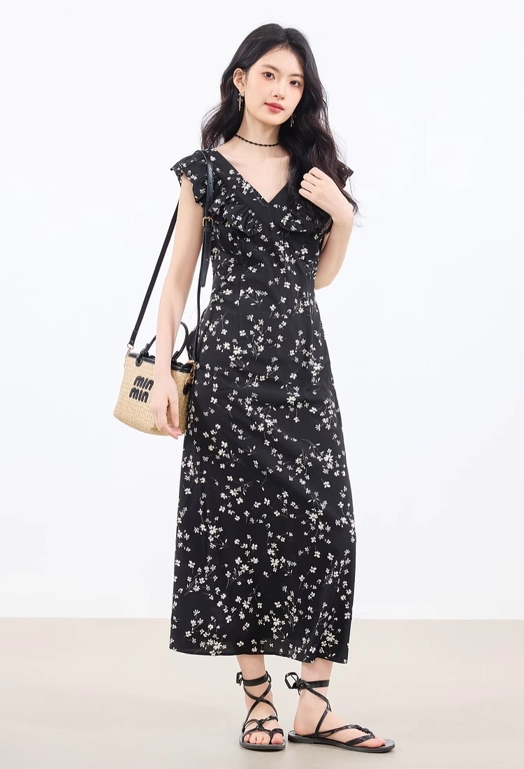 Lotus sleeve summer dress floral long dress for women