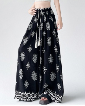 Drawstring slim printing thin straight long pants for women