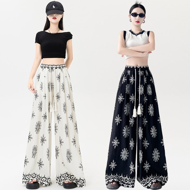 Drawstring slim printing thin straight long pants for women