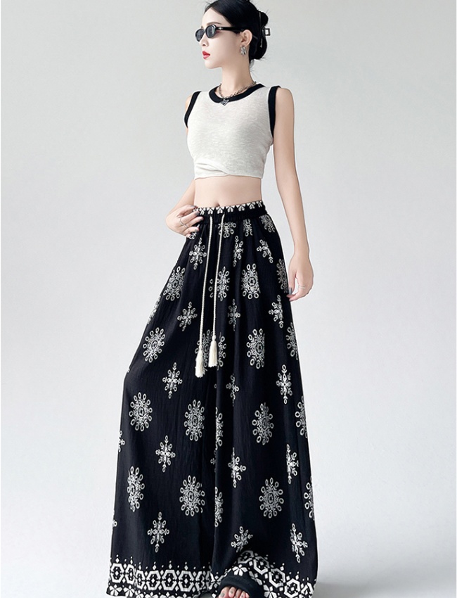 Drawstring slim printing thin straight long pants for women