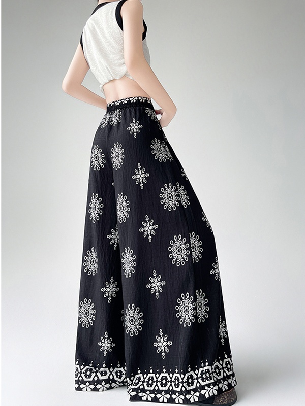 Drawstring slim printing thin straight long pants for women