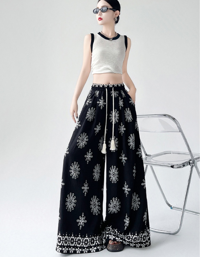 Drawstring slim printing thin straight long pants for women