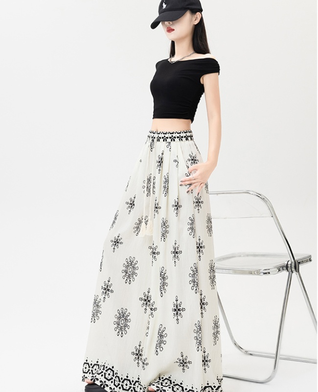Drawstring slim printing thin straight long pants for women