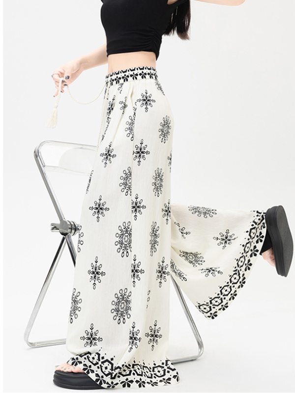 Drawstring slim printing thin straight long pants for women