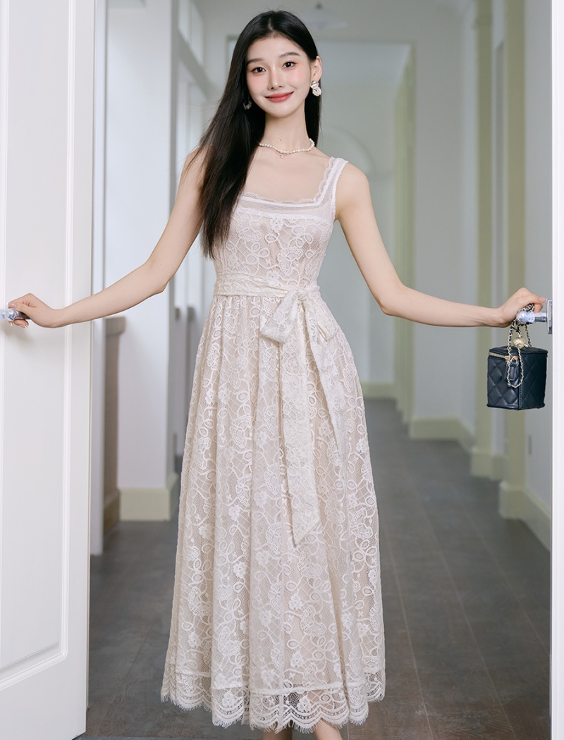 Puff sleeve square collar lace France style dress