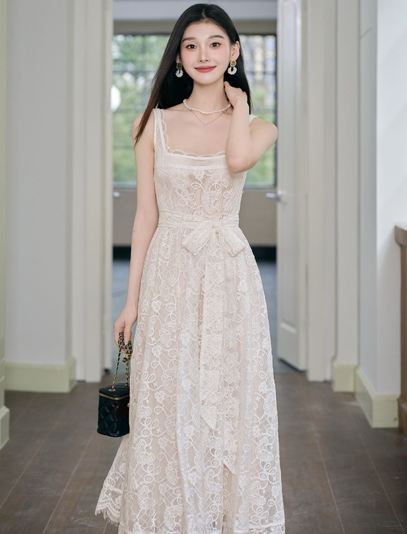 Puff sleeve square collar lace France style dress