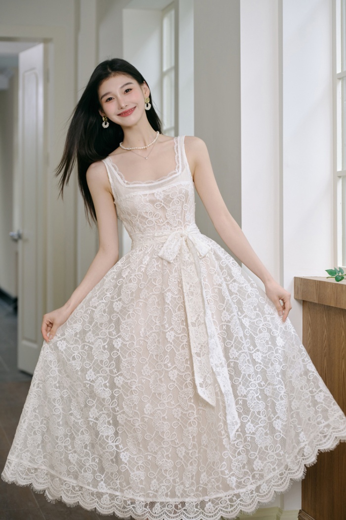 Puff sleeve square collar lace France style dress