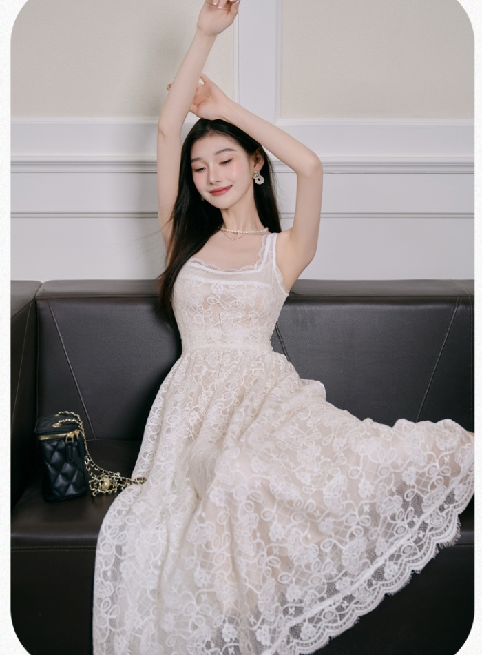 Puff sleeve square collar lace France style dress