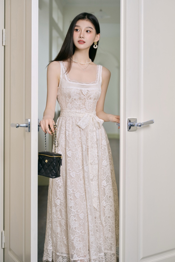 Puff sleeve square collar lace France style dress