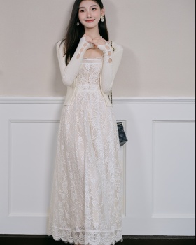 Lace puff sleeve dress France style jacket 2pcs set
