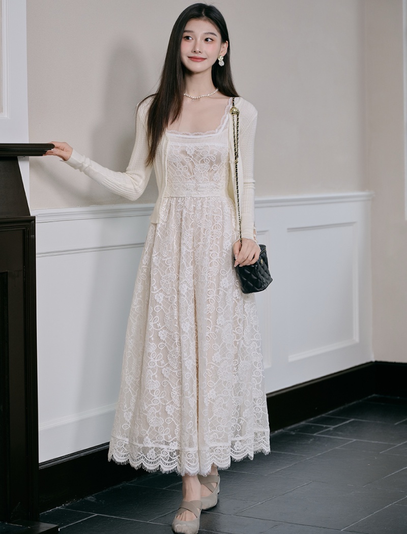 Lace puff sleeve dress France style jacket 2pcs set