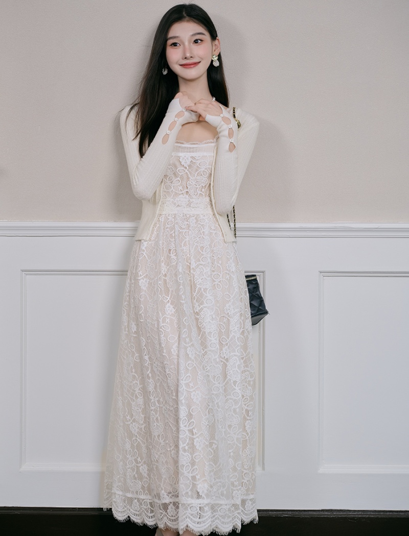 Lace puff sleeve dress France style jacket 2pcs set