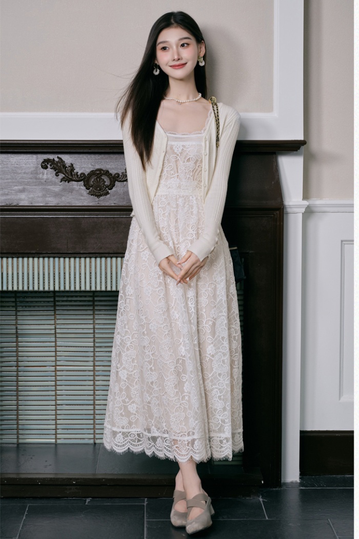 Lace puff sleeve dress France style jacket 2pcs set