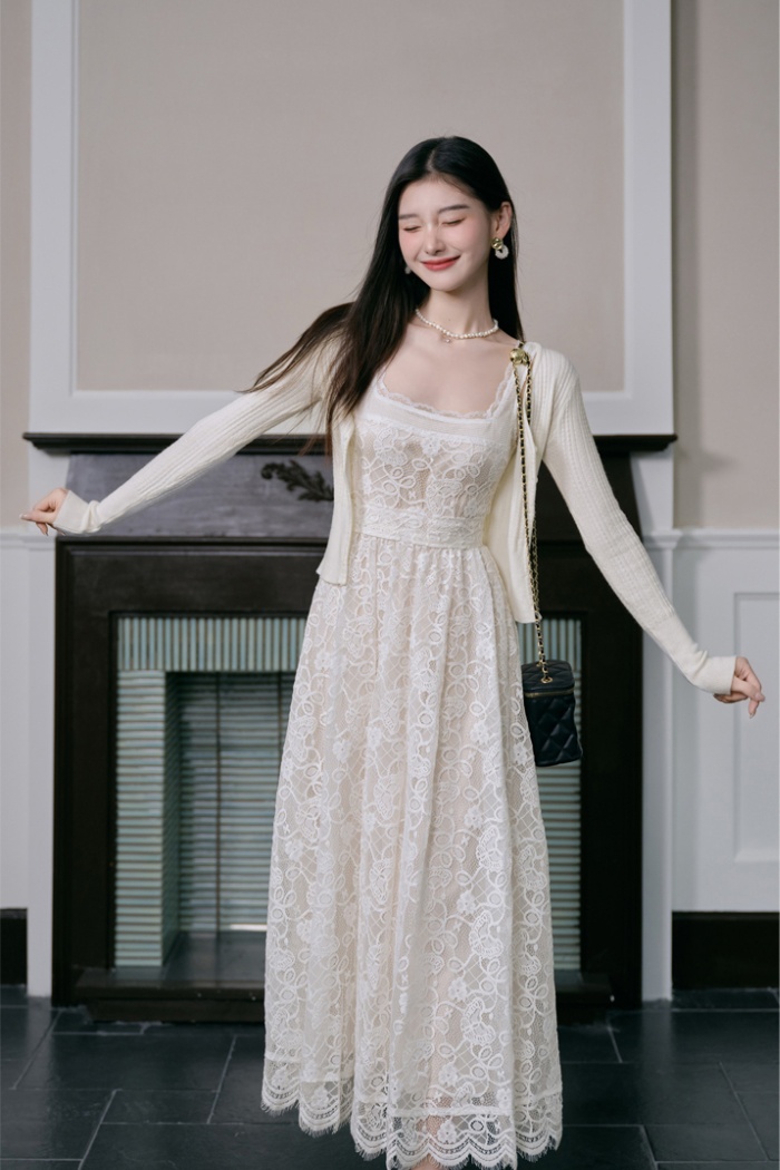 Lace puff sleeve dress France style jacket 2pcs set