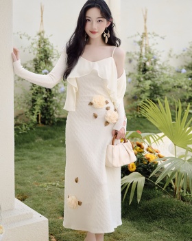 Elasticity France style cardigan sling dress 2pcs set
