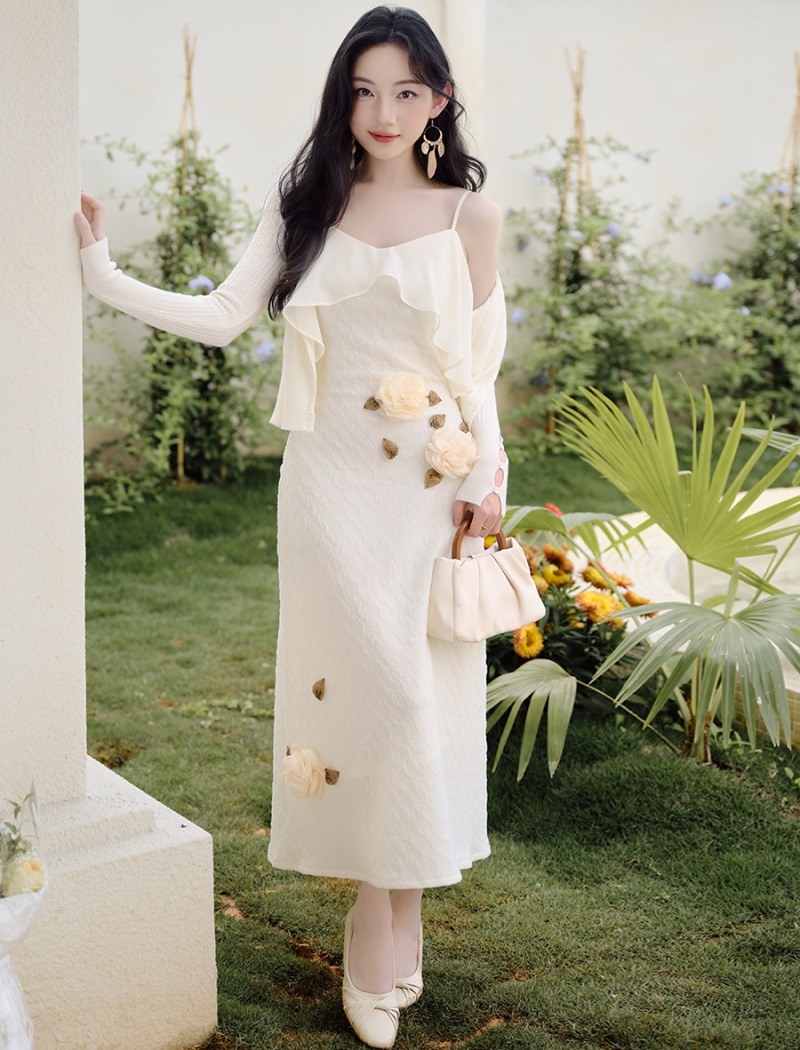 Elasticity France style cardigan sling dress 2pcs set