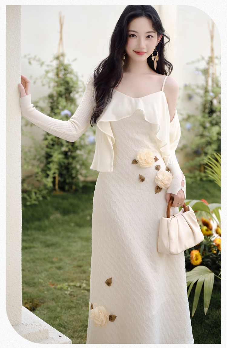 Elasticity France style cardigan sling dress 2pcs set