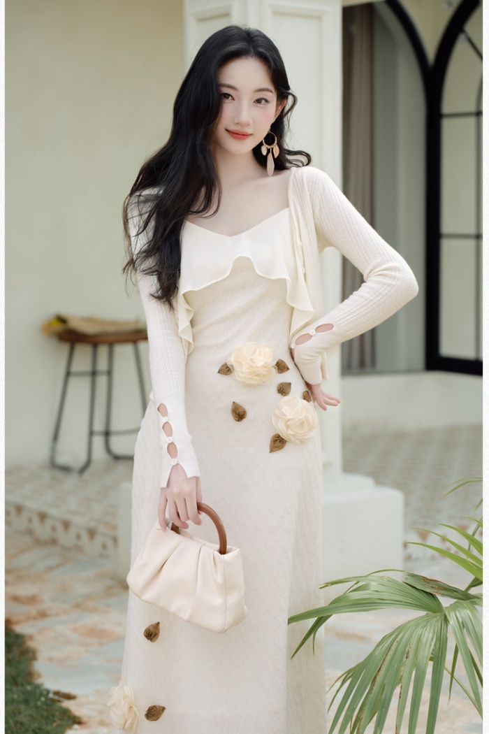 Elasticity France style cardigan sling dress 2pcs set