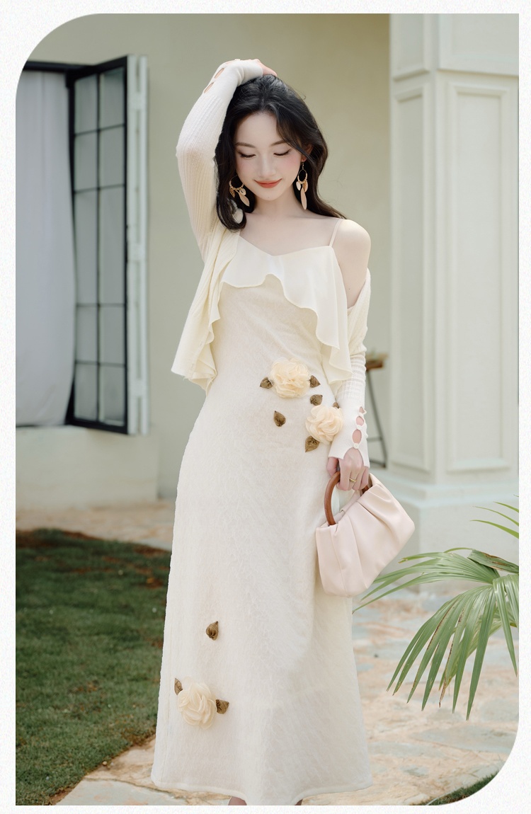 Elasticity France style cardigan sling dress 2pcs set