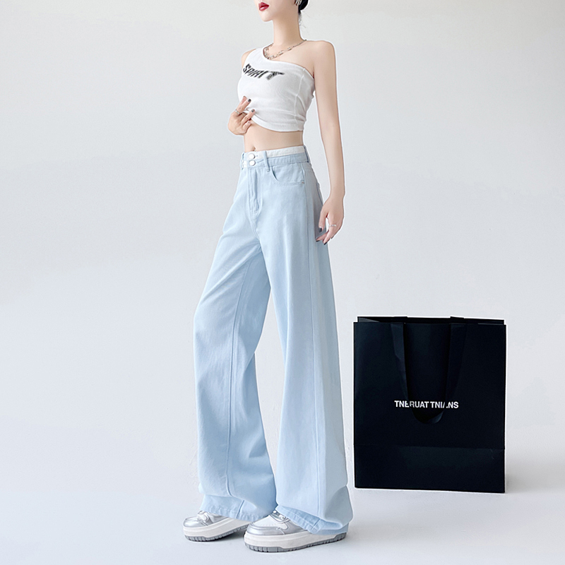 High waist mopping jeans blue embroidery pants for women