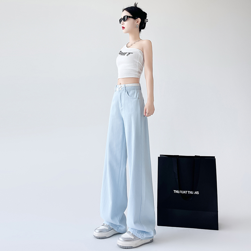 High waist mopping jeans blue embroidery pants for women