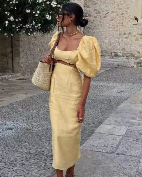 Split European style long dress yellow ladies dress