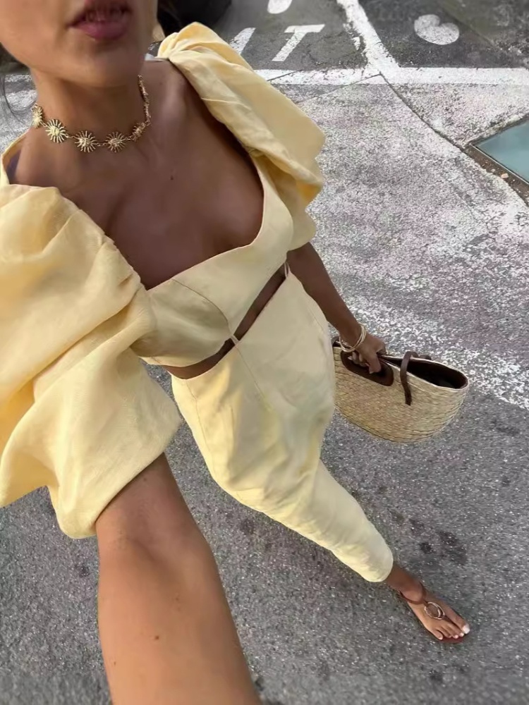 Split European style long dress yellow ladies dress