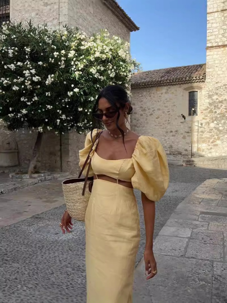 Split European style long dress yellow ladies dress