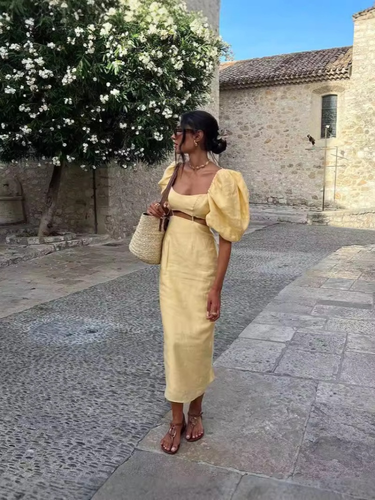 Split European style long dress yellow ladies dress