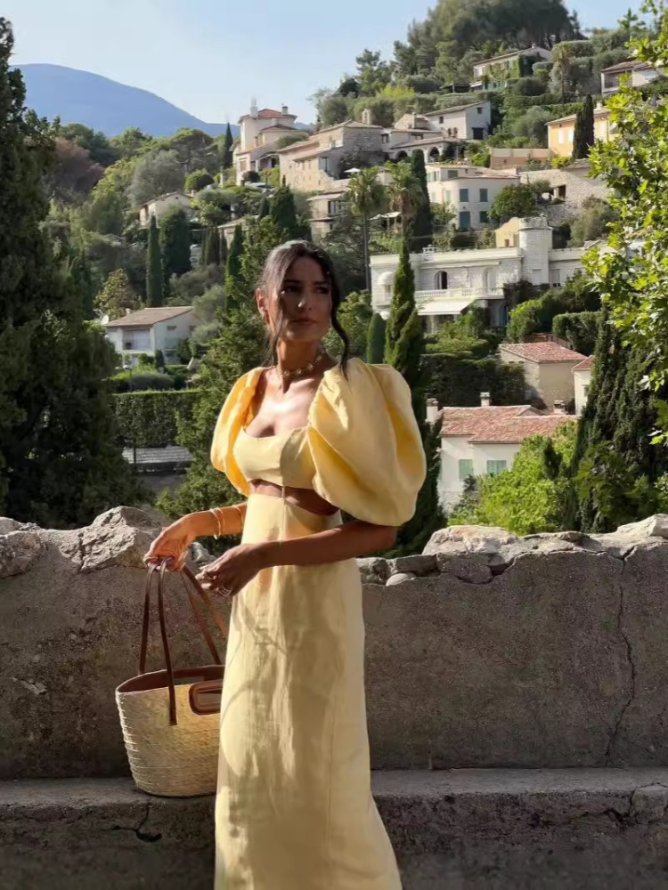 Split European style long dress yellow ladies dress