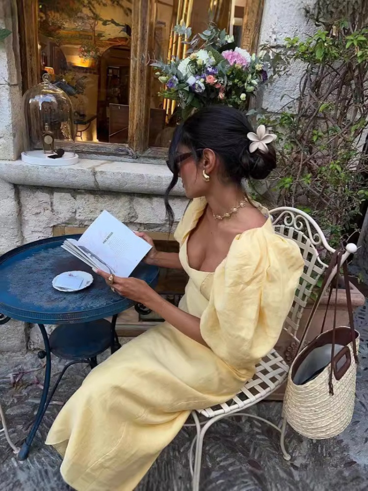 Split European style long dress yellow ladies dress